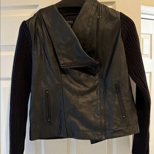 Jones New York Black Leather Jacket with Knit Accents